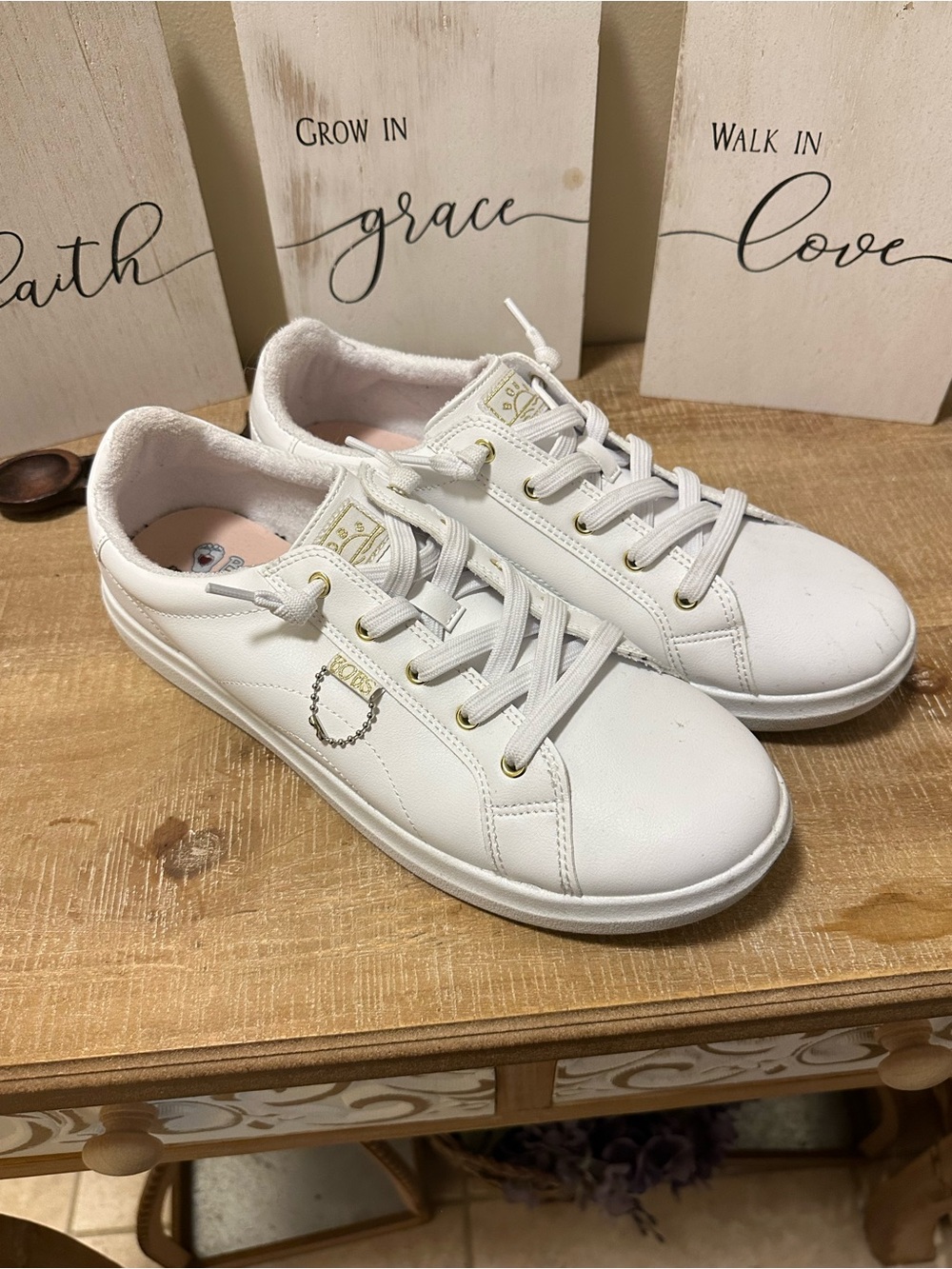 White Women's Lace-Up Sneakers with Gold Accents
